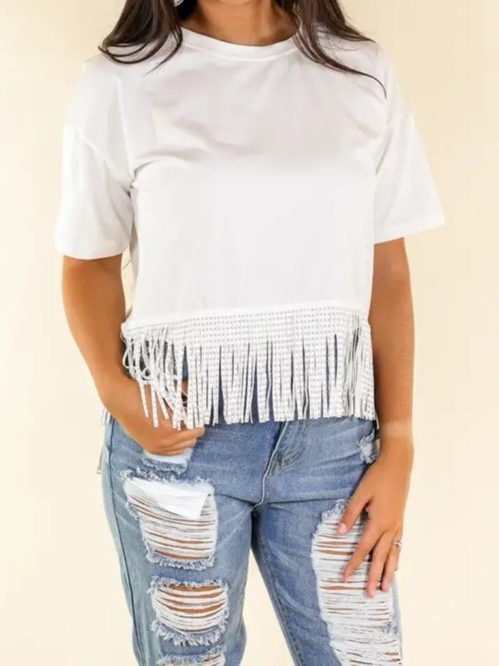 2 for $15 - Bundle and Save: Studded Fringe Crop Top - White